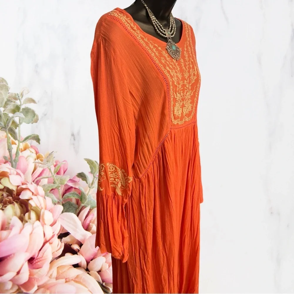 Glamorous Curve Boho Embroidered Bell-Sleeve Dress Orange White Rayon Sz 14 - Picture 4 of 14